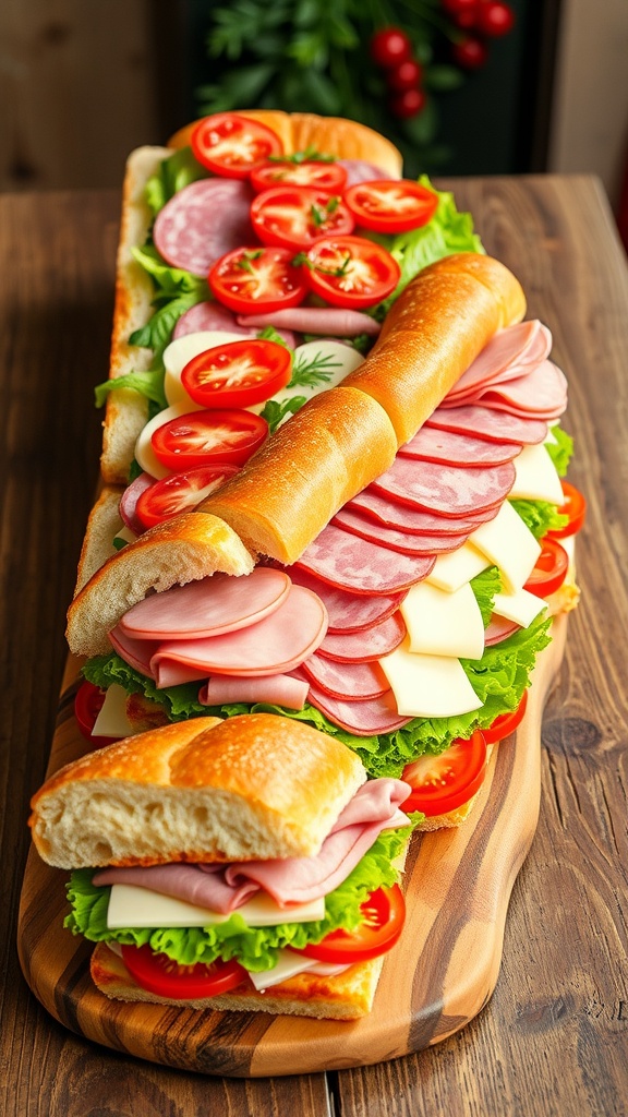 A giant Italian hero sandwich with layers of meats, cheese, and vegetables on a wooden platter.